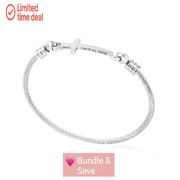 Stainless Steel Cross Bangle Bracelet with Inspirational Message - Picture 2 of 4